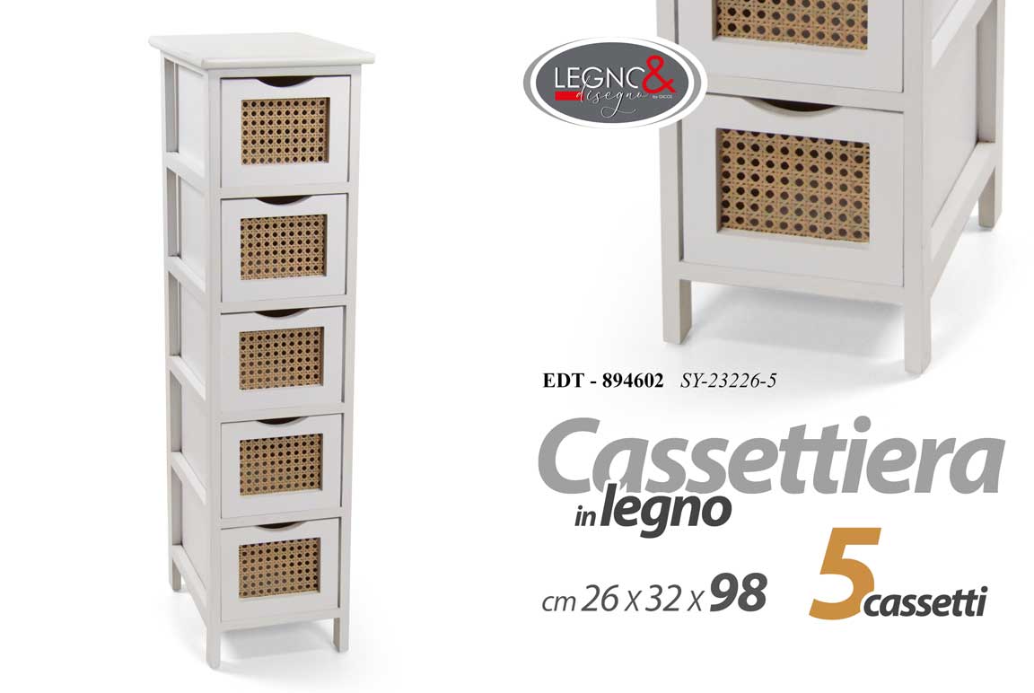 8025569894602 CASSETTIERA MOBILETTO SLIM SALVASPAZIO 5 CASSETTI CHIC BIANCA MARRONE 98*26*32cm - immagine 1
