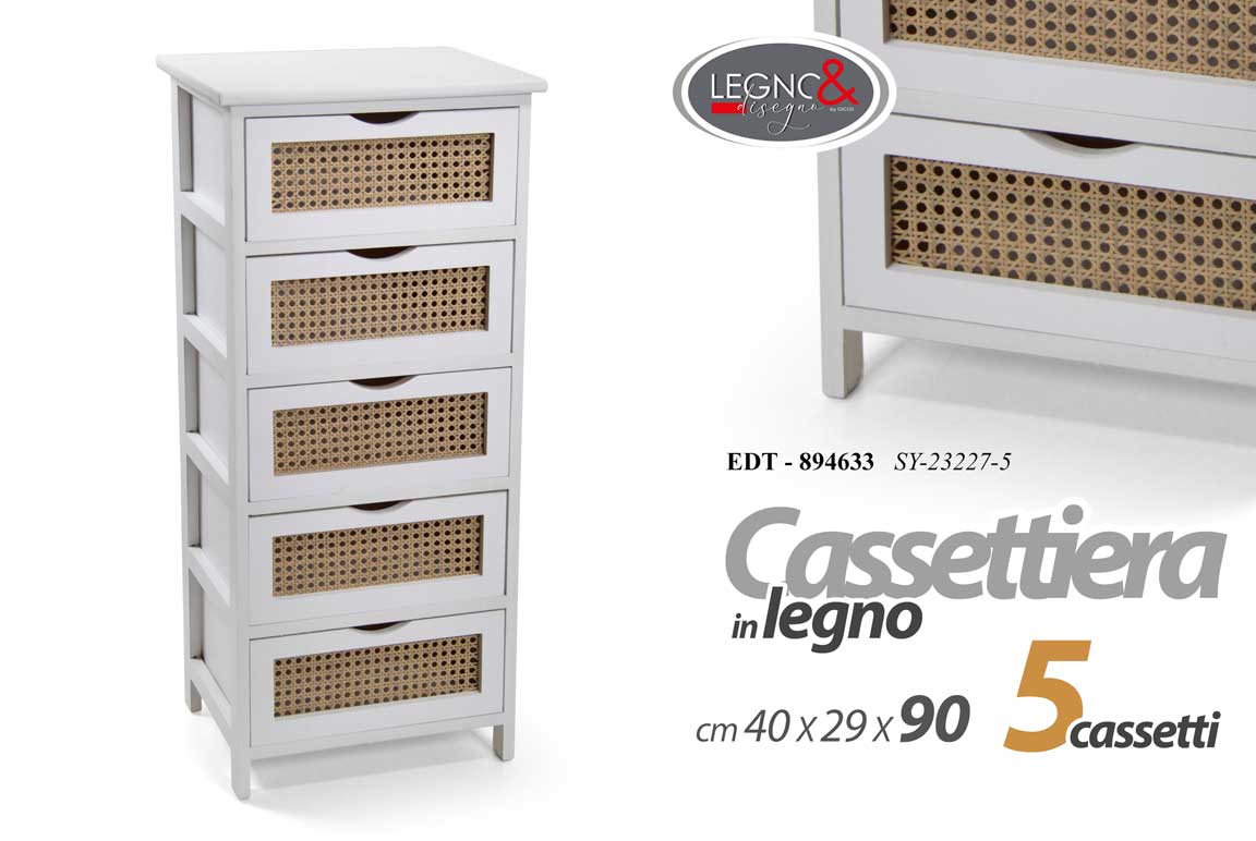 8025569894633 CASSETTIERA LEGNO 5 CASSETTI SLIM SALVASPAZIO BIANCA MARRONE TRAFORATA 90*40*29 - immagine 1