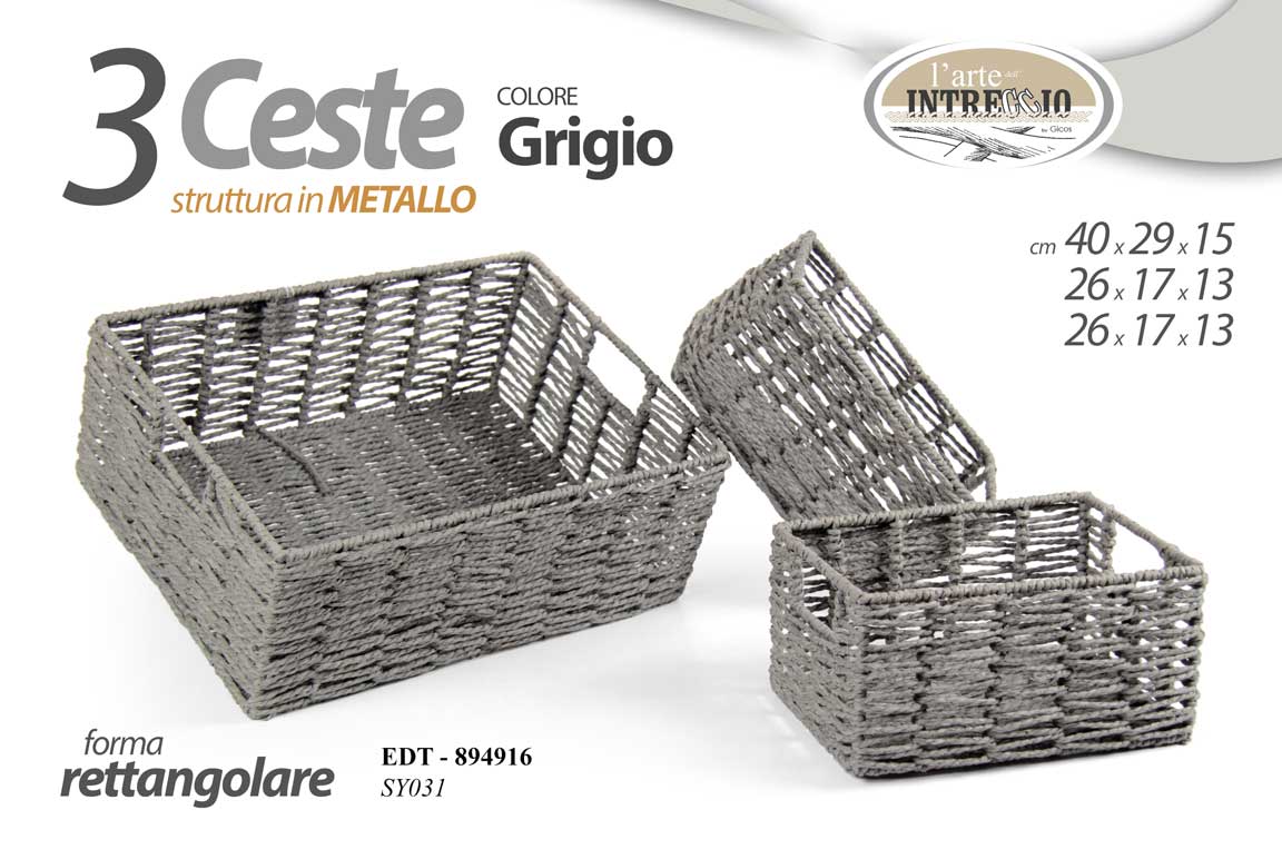 8025569894916 3 CESTINI CESTE RETTANGOLARI ORGANIZER PORTA OGGETTI GRIGIO METALLO INTRECCI - immagine 1