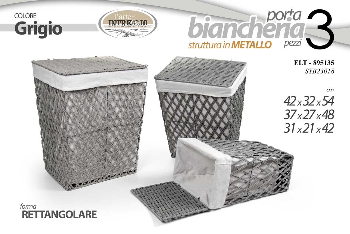8025569895135 SET 3 CESTE PORTA BIANCHERIA TESSUTO GRIGIO TELAIO METALLO CUCINA BAGNO VESTITI - immagine 1