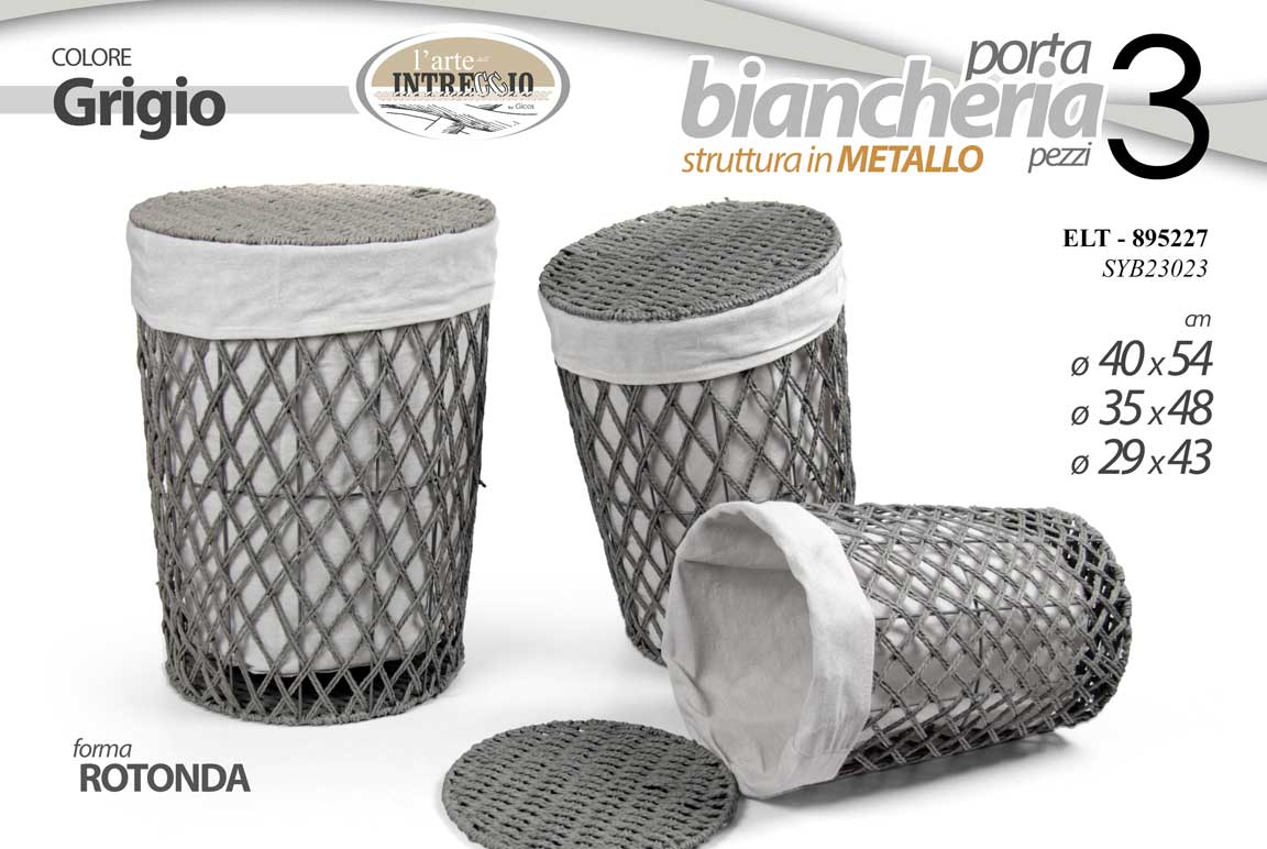 8025569895227 3 CESTE PORTA BIANCHERIA TONDE TESSUTO GRIGIO TELAIO METALLO CUCINA VESTITI - immagine 1