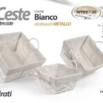 SET 3 CESTINI QUADRATI MANICO INTRECCIO E METALLO BIANCO CESTA OGGETTI ACCESSORI