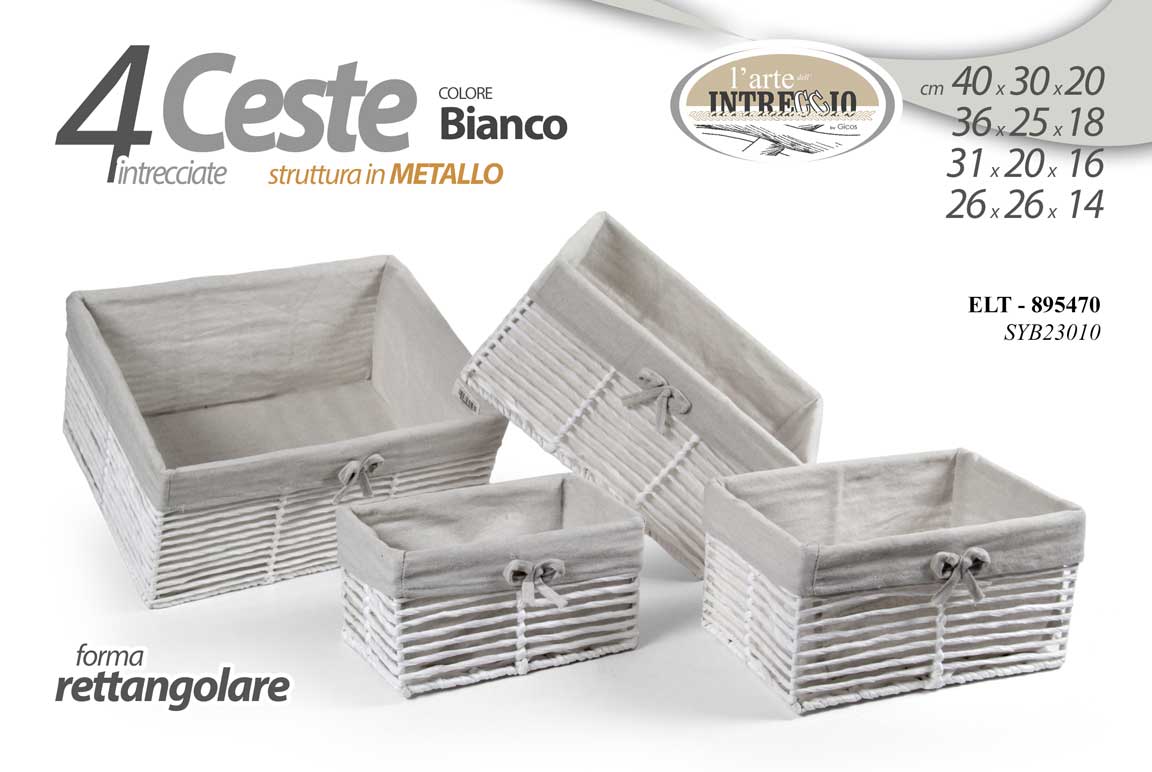 8025569895470 SET 4 CESTINI RETTANGOLARI INTRECCIO E METALLO BIANCO CESTA OGGETTI ACCESSORI - immagine 1
