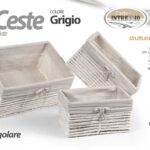 SET 3 CESTINI RETTANGOLARI INTRECCIO E METALLO GRIGIO CESTA OGGETTI ACCESSORI