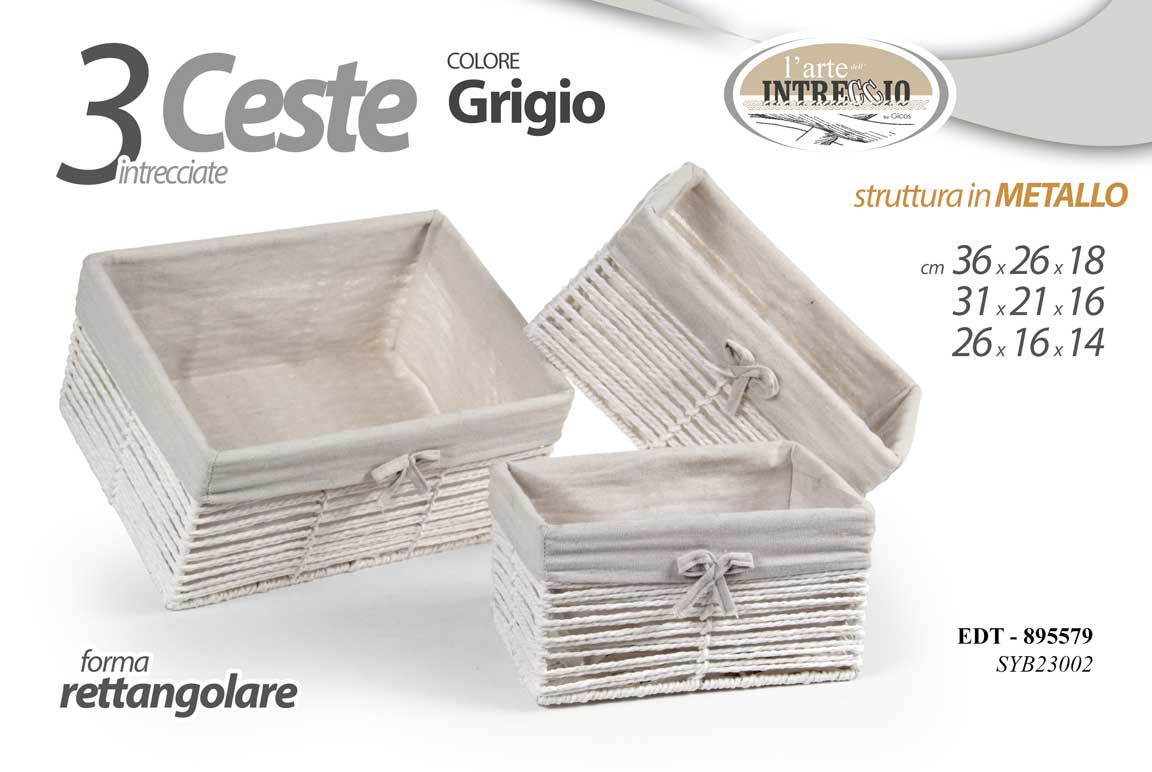 8025569895579 SET 3 CESTINI RETTANGOLARI INTRECCIO E METALLO GRIGIO CESTA OGGETTI ACCESSORI - immagine 1