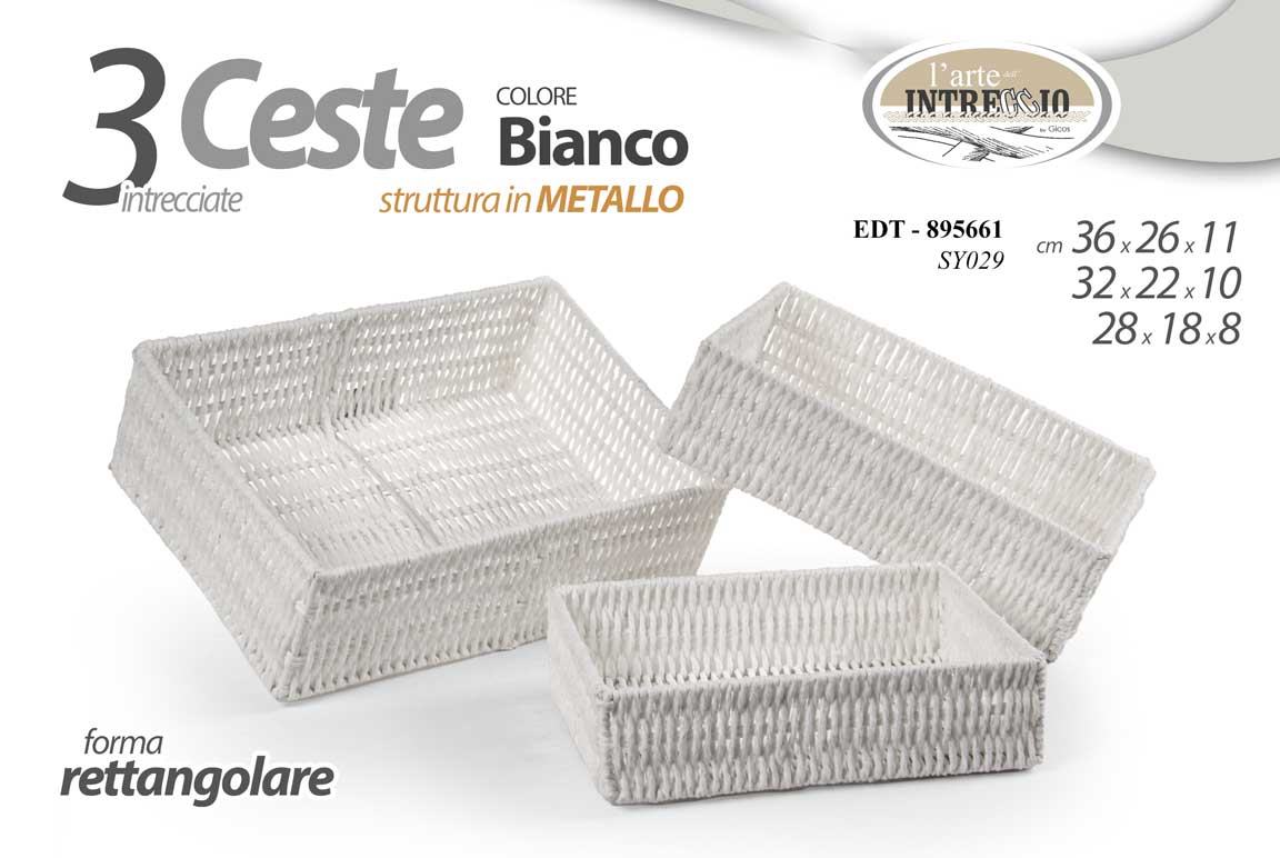 8025569895661 SET 3 CESTE INTRECCIO RETTANGOLARI METALLO BIANCO OGGETTI ACCESSORI CUCINA BAGNO - immagine 1
