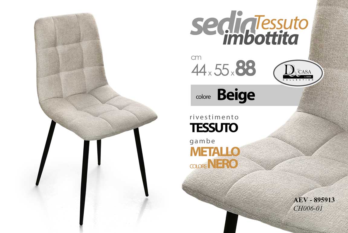 8025569895913 SEDIA TESSUTO TRAPUNTATA METALLO SALOTTO CUCINA UFFICIO ATTESA BEIGE 44*55*h88 - immagine 1
