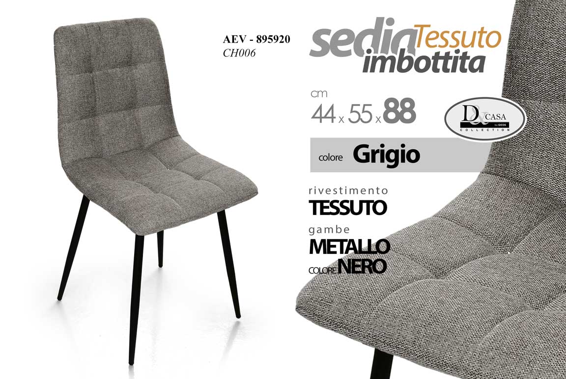 8025569895920 SEDIA TESSUTO TRAPUNTATA METALLO SALOTTO CUCINA UFFICIO ATTESA GRIGIO 44*55*h88 - immagine 1