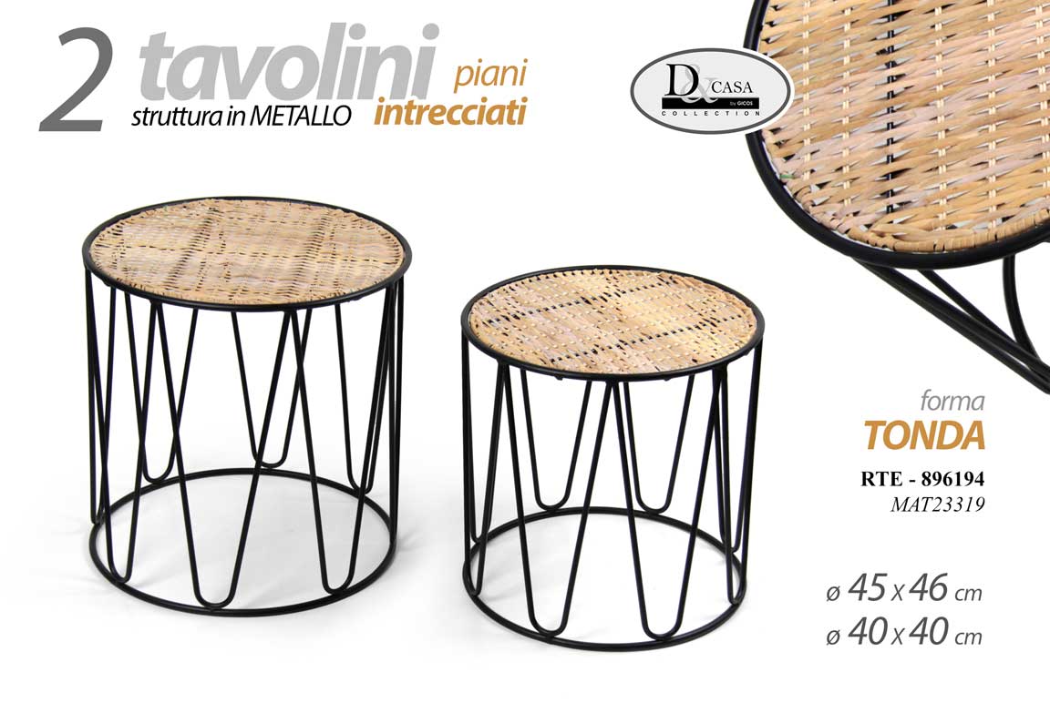 8025569896194 SET 2 TAVOLINI TONDI SALOTTO CAFFè GIARDINO ETNICO METALLO VIMINI 46-40 CM - immagine 1