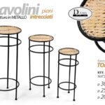 3 TAVOLINI COLONNE TONDI SALOTTO CAFFè GIARDINO ETNICO METALLO VIMINI 70-60-50CM