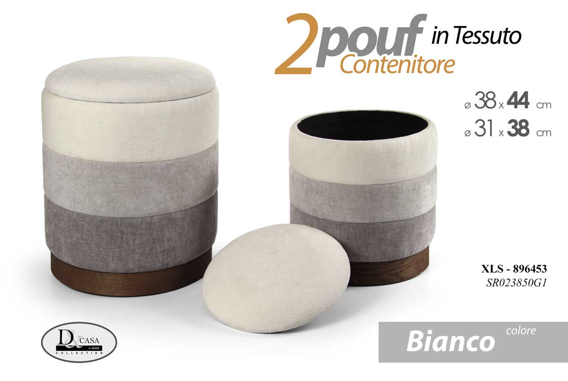 8025569896453 2 POUF CILINDRICO CONTENITORE MODERNO POGGIAPIEDI SGABELLO TESSUTO BIANCO 44-38 - immagine 1