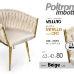 POLTRONA BEIGE SEDIA VELLUTO GAMBE METALLO ORO DESIGN CLASSICO MODERNO 80*63*43