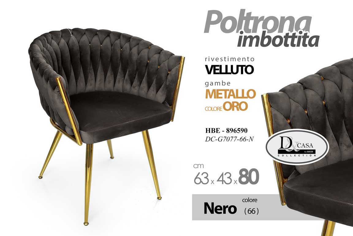 8025569896590 POLTRONA VELLUTO NERA SEDIA GAMBE METALLO ORO DESIGN CLASSIC MODERNO 80*63*43cm - immagine 1