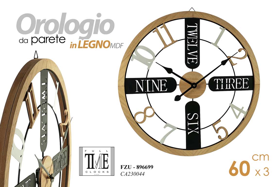 8025569896699 OROLOGIO DA PARETE TONDO MODERNO VINTAGE METALLO LEGNO MDF MARRONE Country 60 cm - immagine 1