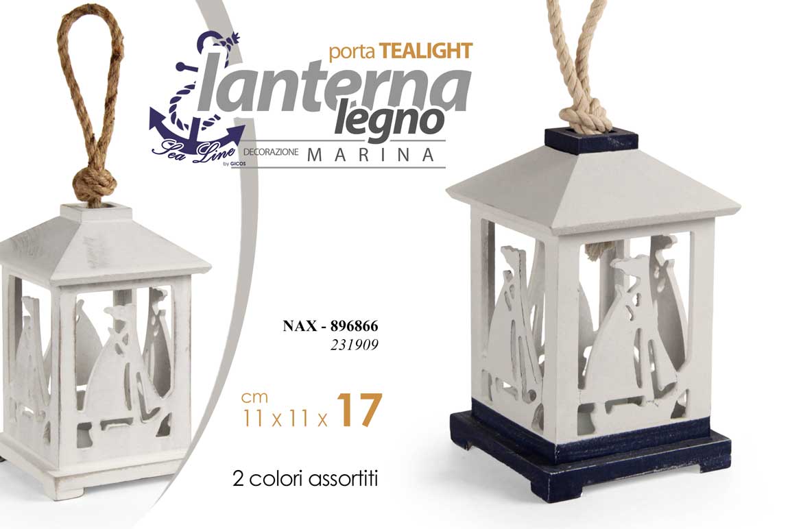 8025569896866 LANTERNA PORTACANDELA BARCA MARE TEA LIGHT LEGNO BIANCO BLU ANTIC ASSOR 17*11 cm - immagine 1