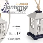 LANTERNA PORTACANDELA ANCORA MARE LEGNO TEA LIGHT BIANCO BLU ANTIC ASSOR 17*11cm