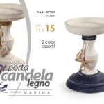 PORTACANDELA STELLA MARINE PESCI MARE TEA LIGHT LEGNO BIANCO BLU ANTICATA 15cm