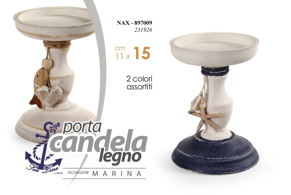 8025569897009 PORTACANDELA STELLA MARINE PESCI MARE TEA LIGHT LEGNO BIANCO BLU ANTICATA 15cm - immagine 1