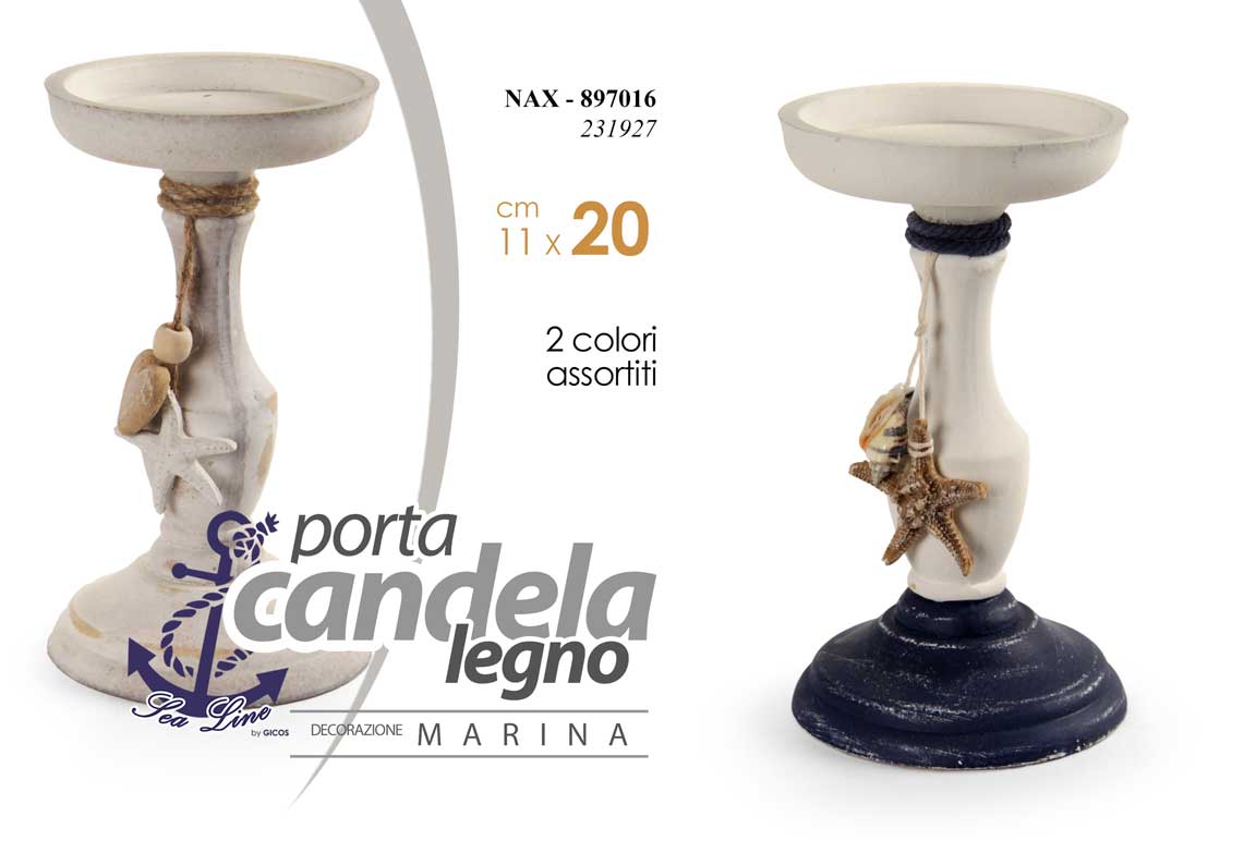 8025569897016 PORTACANDELA STELLA MARINE PESCI MARE TEA LIGHT LEGNO BIANCO BLU ANTICATA 20 cm - immagine 1