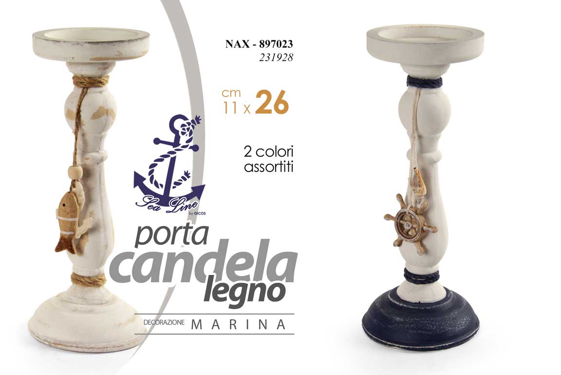 8025569897023 PORTACANDELA STELLA MARINE PESCI MARE TEA LIGHT LEGNO BIANCO BLU ANTICATA 26 cm - immagine 1