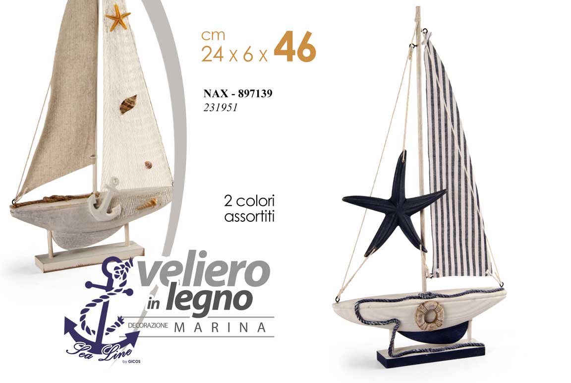 8025569897139 BARCA VELIERO DECORATIVA LEGNO ANCORA SALVAGENTE CORDE VELA MARE MARINA 46 CM - immagine 1