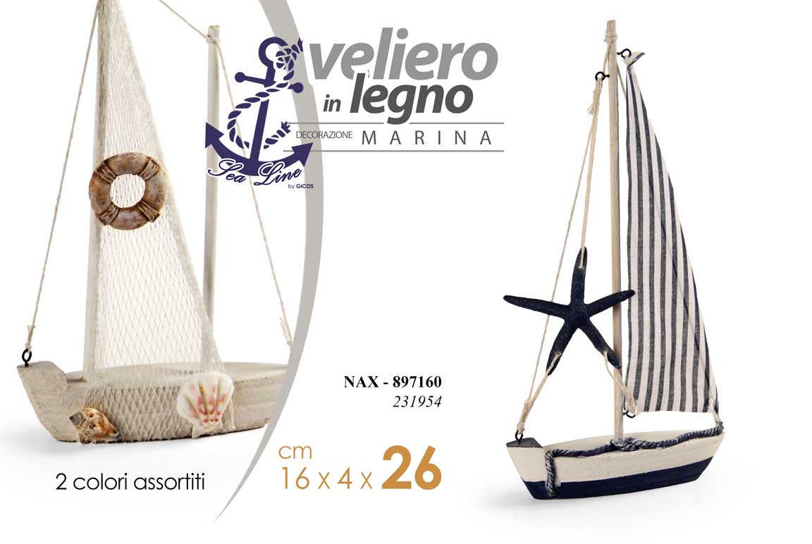 8025569897160 BARCA VELIERO DECORATIVA LEGNO SALVAGENTE CORDE VELA MARE STELLA MARINA 26 CM - immagine 1