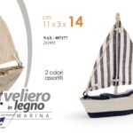 BARCA VELIERO DECORATIVA LEGNO BLU BEGIE VELA MARE NAUTICO TAVOLO STELLA 14 CM