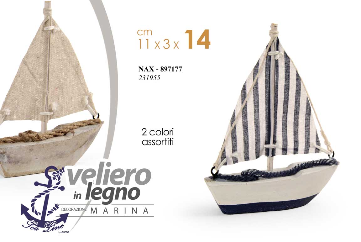 8025569897177 BARCA VELIERO DECORATIVA LEGNO BLU BEGIE VELA MARE NAUTICO TAVOLO STELLA 14 CM - immagine 1