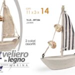 BARCA VELIERO DECORATIVA LEGNO BLU BEGIE VELA MARE NAUTICO TAVOLO CONCHIGL 14 CM