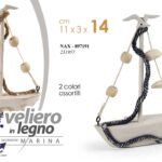 BARCA VELIERO DECORATIVA LEGNO BLU BEGIE VELA MARE NAUTICO TAVOLO GABBIANO 14 CM