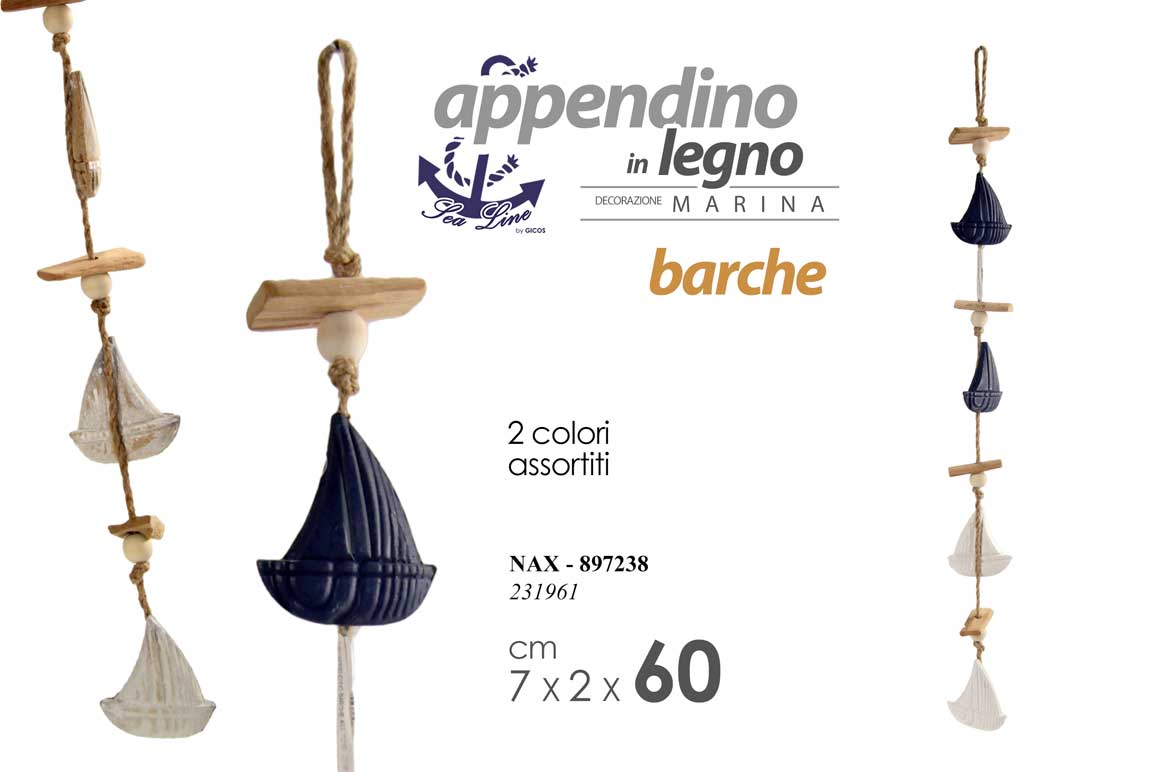 8025569897238 APPENDINO DA PARETE LEGNO DECORAZIONE MARINA MARE NAUTICO BARCHE ASSORT 60 CM - immagine 1