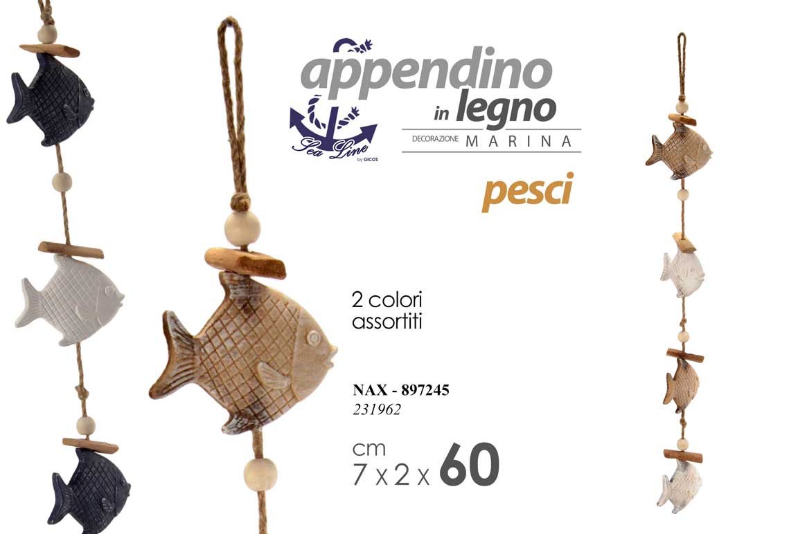 8025569897245 APPENDINO DA PARETE LEGNO DECORAZIONE PESCI MARINA MARE NAUTICO ASSORT 60 CM - immagine 1