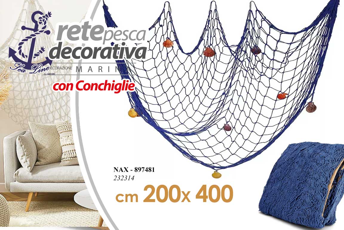 8025569897481 RETE DA PESCA DECORATIVA BLU CONCHIGLIE MARE PESCI MARINA PARETE MURO 400*200 cm - immagine 1
