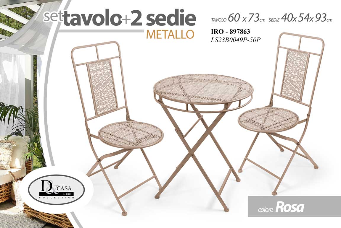 8025569897863 SET TAVOLO PRANZO 2 SEDIE ESTERNO GIARDINO TERRAZZO METALLO ROSA TORTORA PIEGHEV - immagine 1