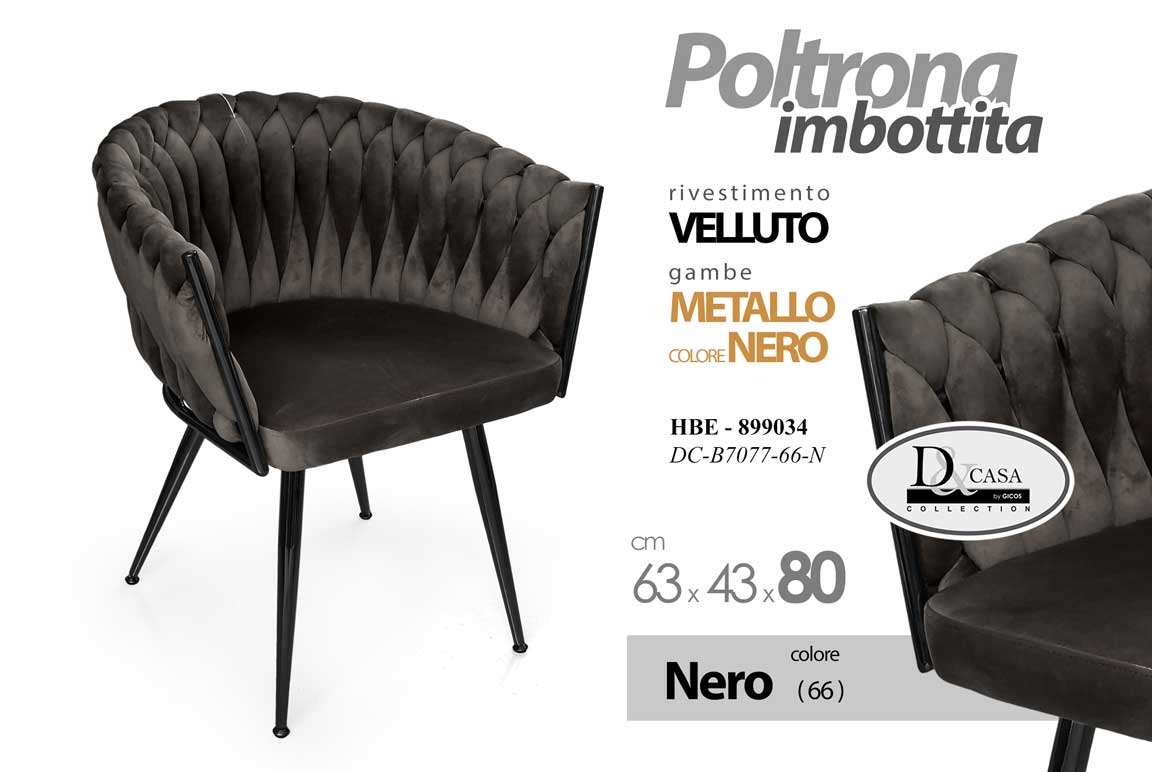 8025569899034 POLTRONA NERA SEDIA VELLUTO GAMBE METALLO NERO DESIGN CLASSICO MODERNO 80*63*43 - immagine 1