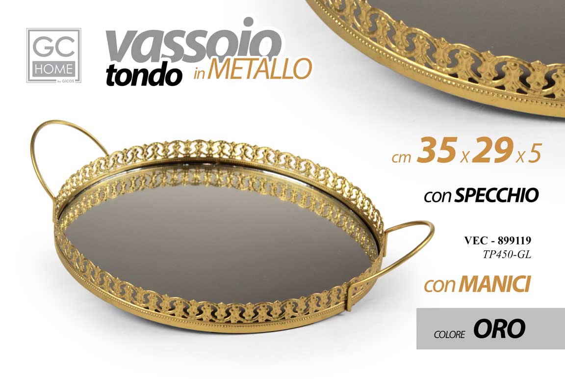 8025569899119 VASSOIO METALLO TONDO DA SCRIVANIA MANICI DECOR FONDO SPECCHIO COL ORO 35*29*5cm - immagine 1