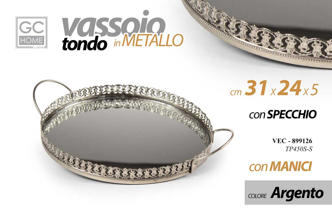 8025569899126 VASSOIO TONDO METALLO MANICI FONDO SPECCHIO DECOR COLOR ARGENTO SILVER 31*24*5cm - immagine 1