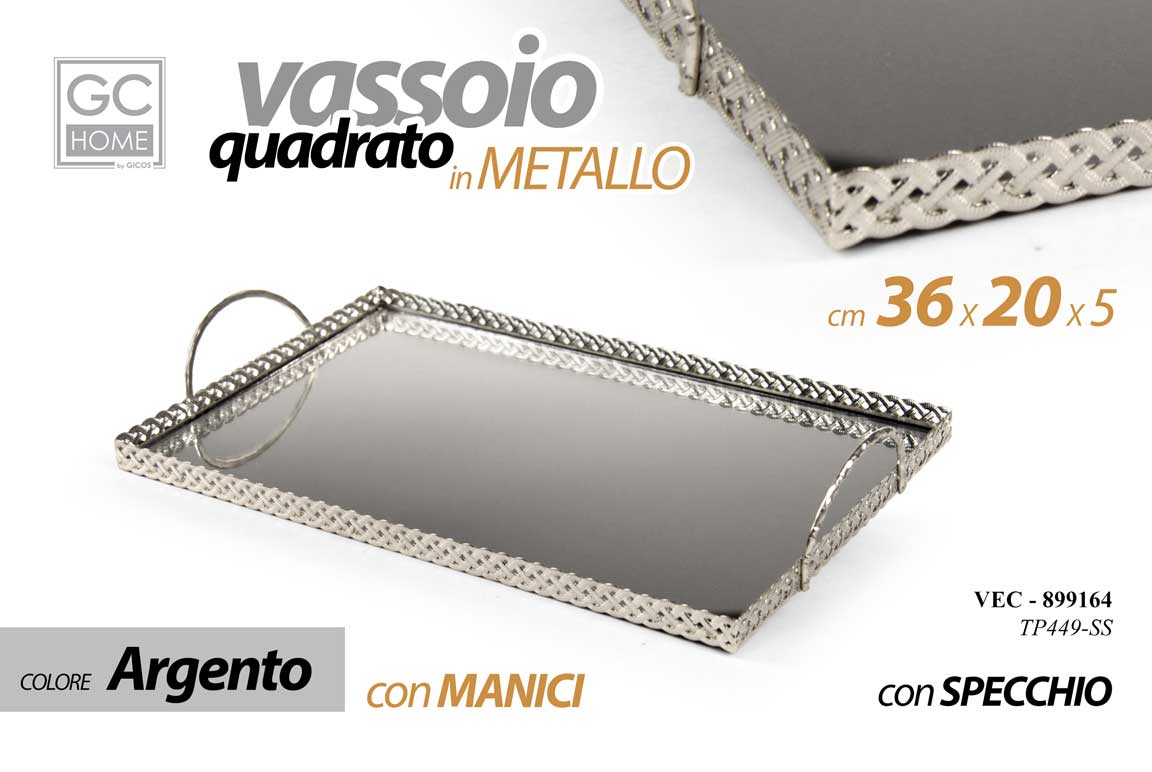 8025569899164 VASSOIO RETTANGOLARE METALLO MANICI FONDO SPECCHIO COLOR ARGENTO SILVER 36*20*5 - immagine 1