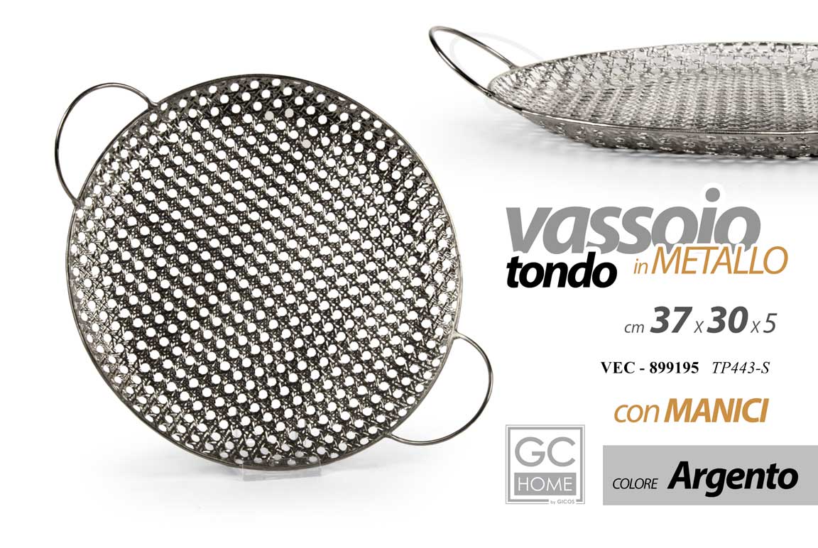 8025569899195 VASSOIO METALLO TONDO CON MANICI DECOR TRAFORATO COLOR ARGENTO SILVER 37*30*5cm - immagine 1