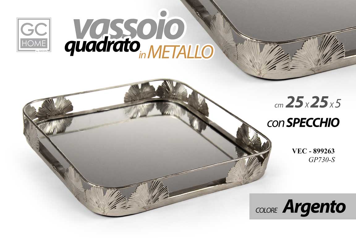 8025569899263 VASSOIO METALLO QUADRATO FONDO SPECCHIO DECORATIVO COLOR ARGENTO SILVER 25*5cm - immagine 1