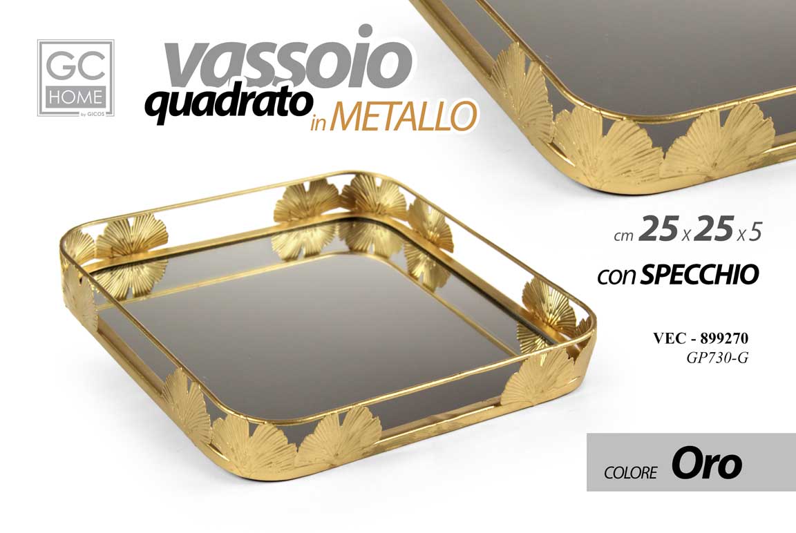 8025569899270 VASSOIO METALLO QUADRATO TAVOLO SCRIVANIA FONDO SPECCHIO COLOR ORO 25*5cm - immagine 1