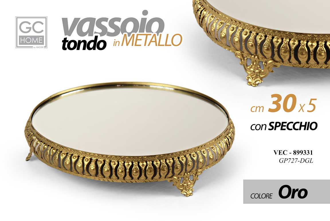 8025569899331 VASSOIO METALLO TONDO DA TAVOLO SCRIVANIA DECOR FONDO SPECCHIO COLOR ORO 30*5cm - immagine 1