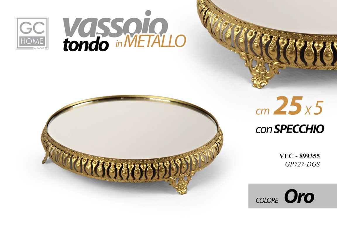 8025569899355 VASSOIO METALLO TONDO DA TAVOLO SCRIVANIA DECOR FONDO SPECCHIO COLOR ORO 25*5cm - immagine 1
