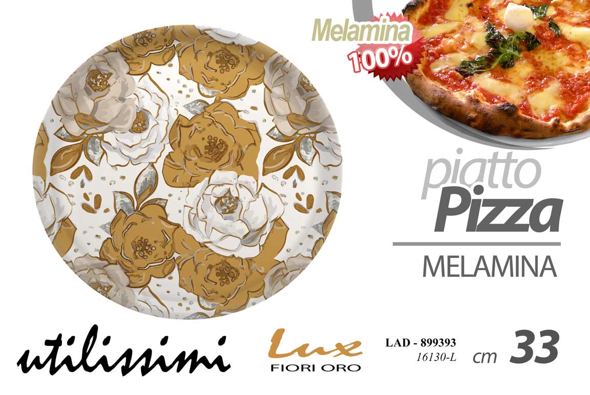 8025569899393 PIATTO PIZZA FIORI BIANCO ORO LUX MELAMINA PIZZERIA RISTORANTE TAVOLA CALDA Ø33 - immagine 1
