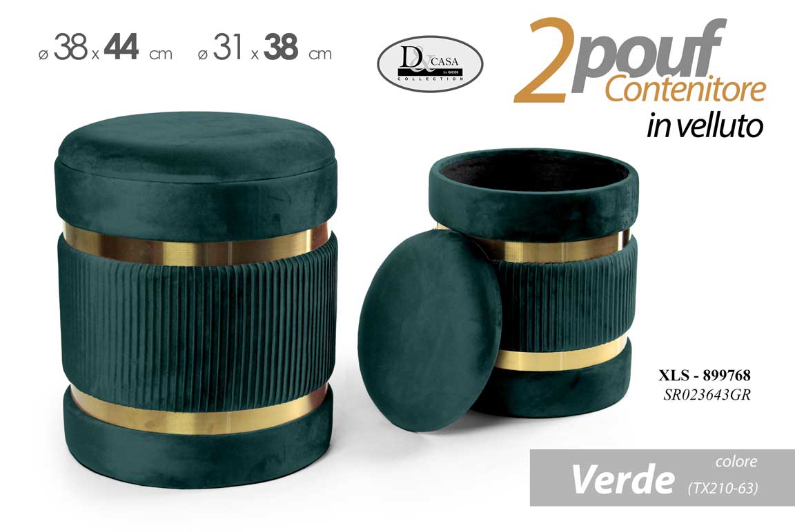8025569899768 2 POUF CILINDRICO CONTENITORE MODERNO POGGIAPIEDI SGABELLO VELLUTO VERDE ORO DOB - immagine 1