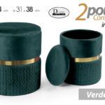 2 POUF CILINDRICO CONTENITORE MODERNO POGGIAPIEDI SGABELLO VELLUTO VERDE ORO C