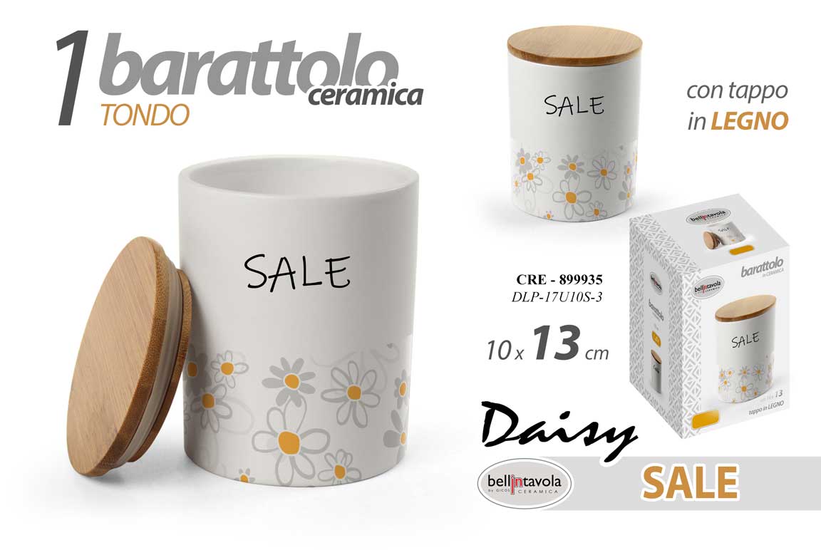 8025569899935 Barattolo sale tondo cucina design moderno margherite ceramica legno 13x10 cm - immagine 1