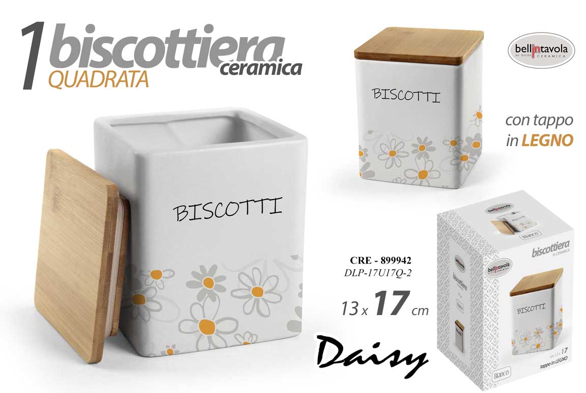 8025569899942 Biscottiera quadrata barattolo biscotti margherite ceramica legno 17x13 cm - immagine 1