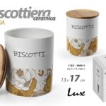 Biscottiera tonda contenitore barattolo biscotti fiori oro ceramica legno 17x13