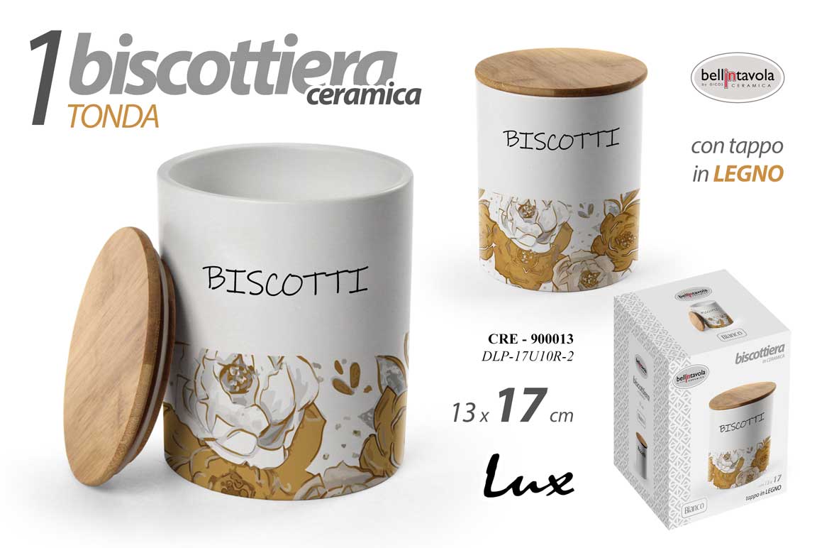 8025569900013 Biscottiera tonda contenitore barattolo biscotti fiori oro ceramica legno 17x13 - immagine 1